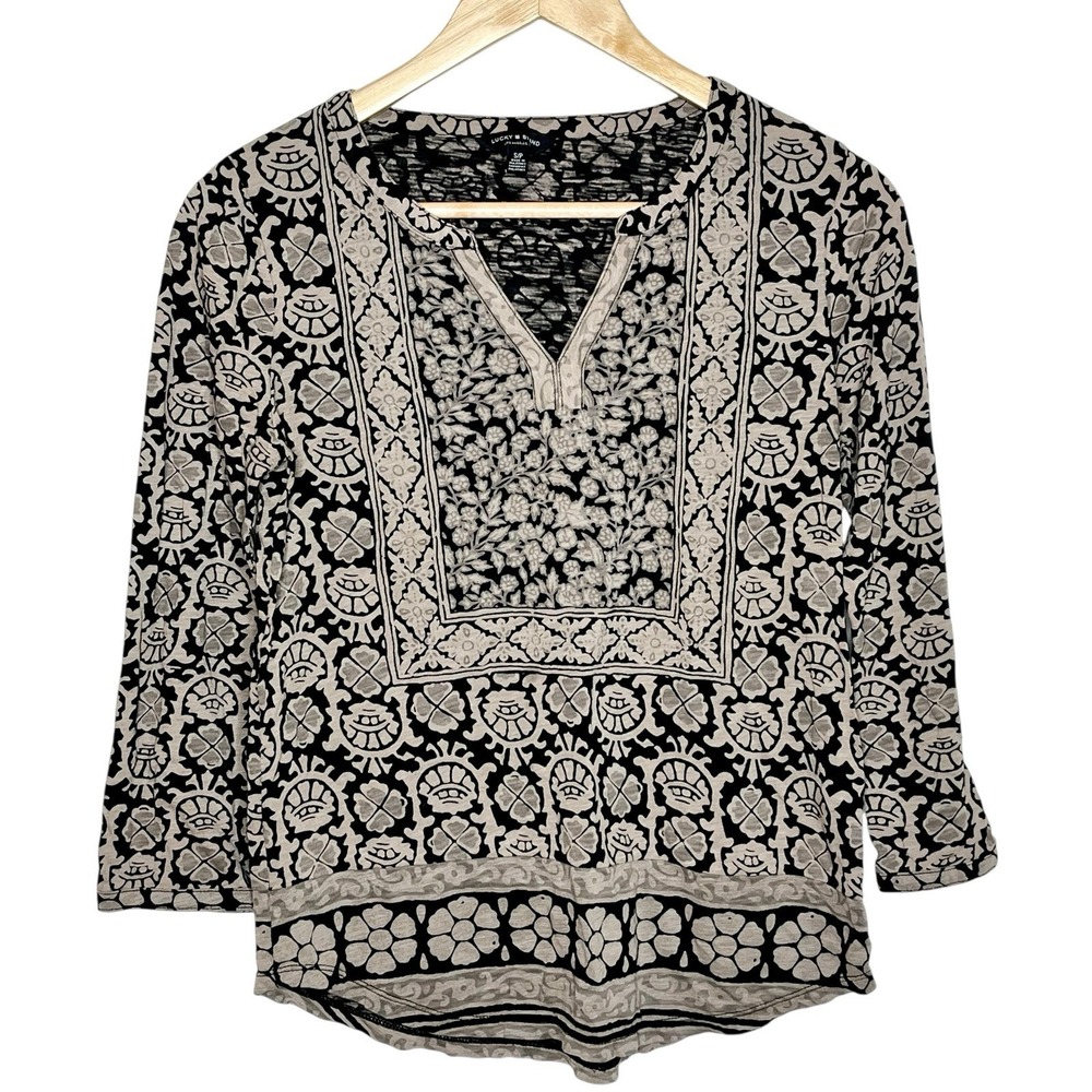 Lucky Brand Boho Knit Top Black Tan Womens Size Small Floral Geometric Neutral